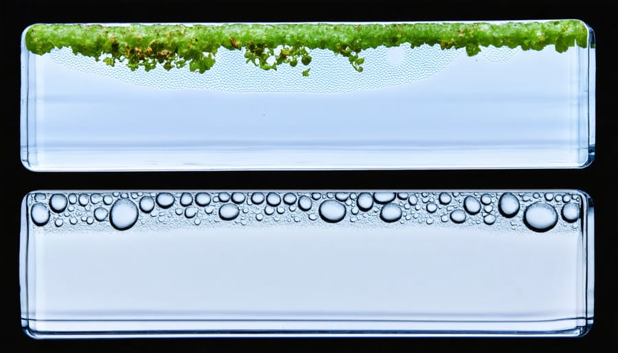 Microscopic comparison of clear pond water versus water containing harmful bacteria and algae