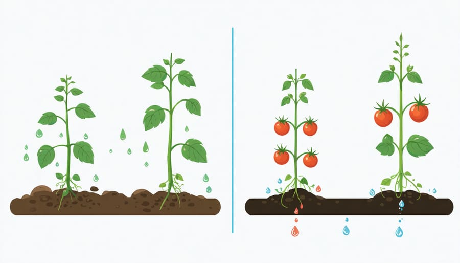 Side-by-side comparison of tomato plants showing enhanced growth with pond water versus regular water