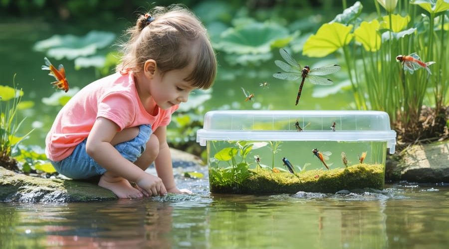 A preschooler and an adult exploring pond life using a clear-bottomed container, surrounded by colorful aquatic elements like dragonflies, lily pads, and fish.