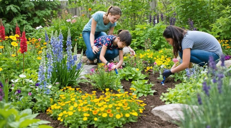 Diverse group of individuals engaging in environmental learning activities in a vibrant rain garden, showcasing native plants and flowers.