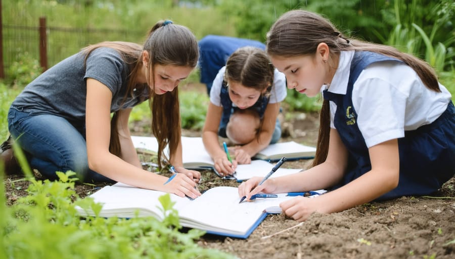 Students engaged in scientific measurements and data collection in a rain garden setting