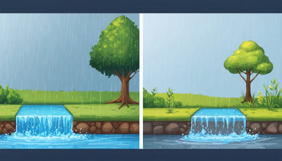 Diagram demonstrating how rain gardens manage stormwater runoff compared to traditional landscaping