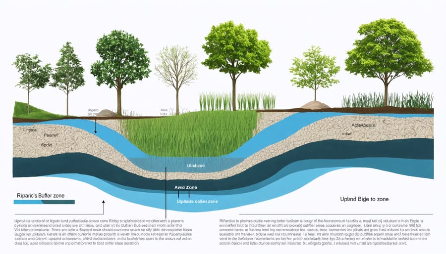 Illustrated cross-section of a riparian buffer showing vegetation zones, root systems, and water flow