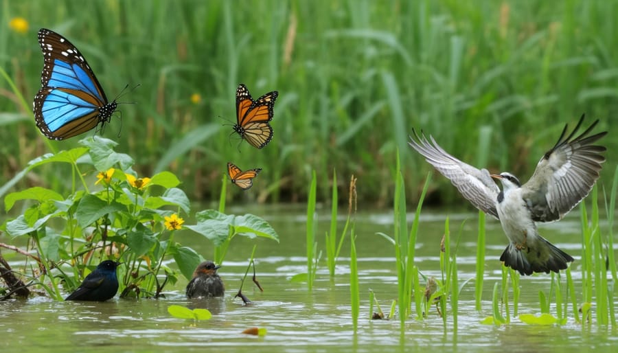 Diverse wildlife utilizing a well-established riparian buffer around a pond