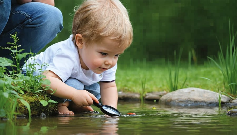 Young child and adult safely viewing pond life with a magnifying glass