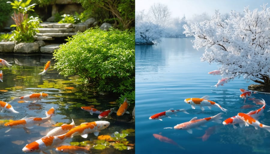 Comparison of koi pond appearance and plant life in summer versus winter seasons