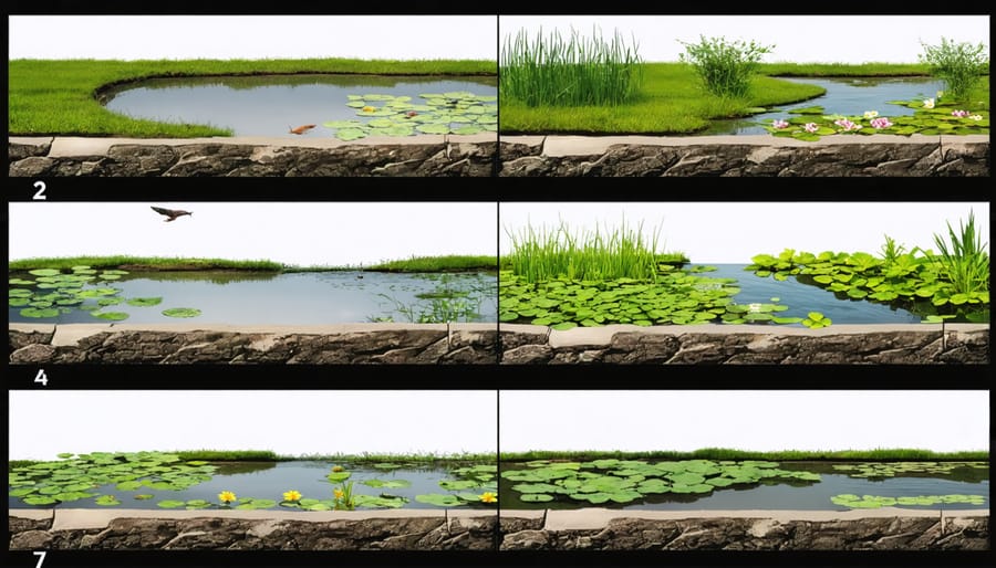 Collection of images showing maintenance activities across different pond zones during various seasons