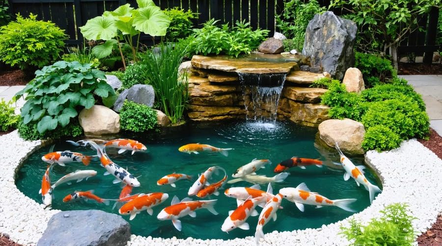 A tranquil DIY koi pond in a backyard, with colorful koi fish swimming under clear water, surrounded by lush plants and a natural stone waterfall.