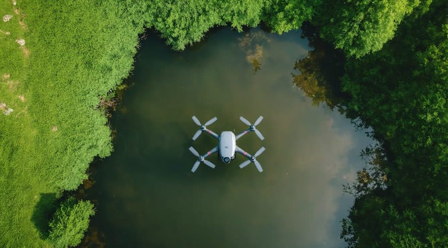 A drone equipped with advanced cameras and sensors hovering over a tranquil pond, showcasing the integration of technology in pond monitoring for enhanced water and ecosystem management.