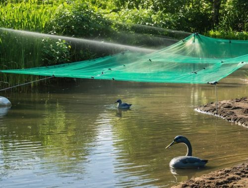 A beautifully landscaped pond safeguarded with netting, motion-activated sprinklers, and floating decoys, accentuating a blend of natural beauty and protective technology against predator activity.