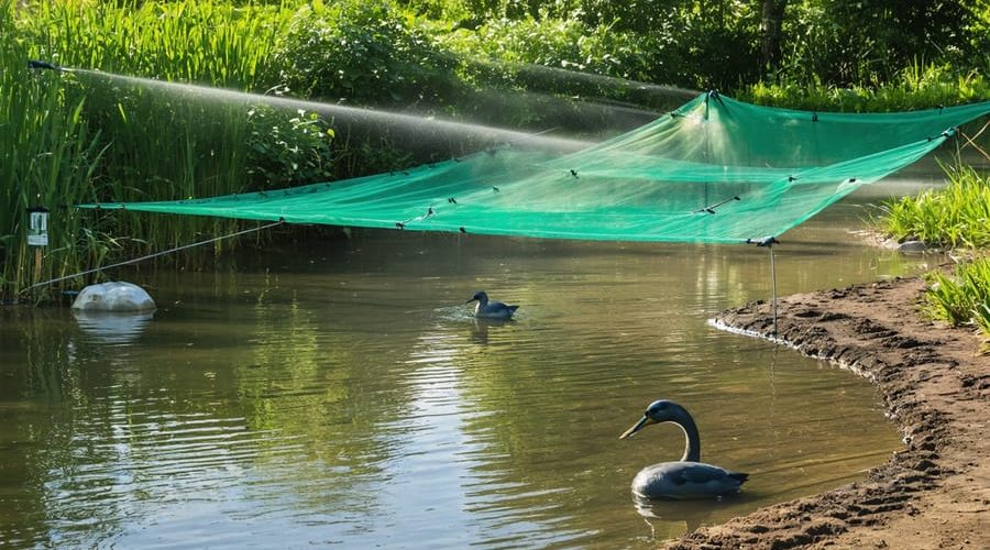 A beautifully landscaped pond safeguarded with netting, motion-activated sprinklers, and floating decoys, accentuating a blend of natural beauty and protective technology against predator activity.