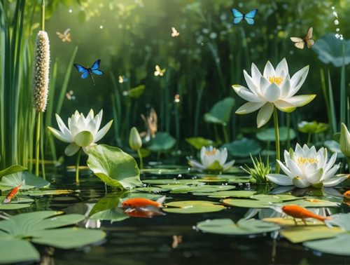 A vibrant water garden ecosystem featuring water lilies, dragonflies, and koi fish, highlighting natural methods for pest control and ecological balance.