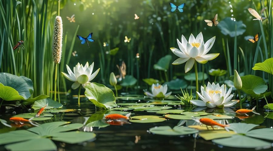 A vibrant water garden ecosystem featuring water lilies, dragonflies, and koi fish, highlighting natural methods for pest control and ecological balance.