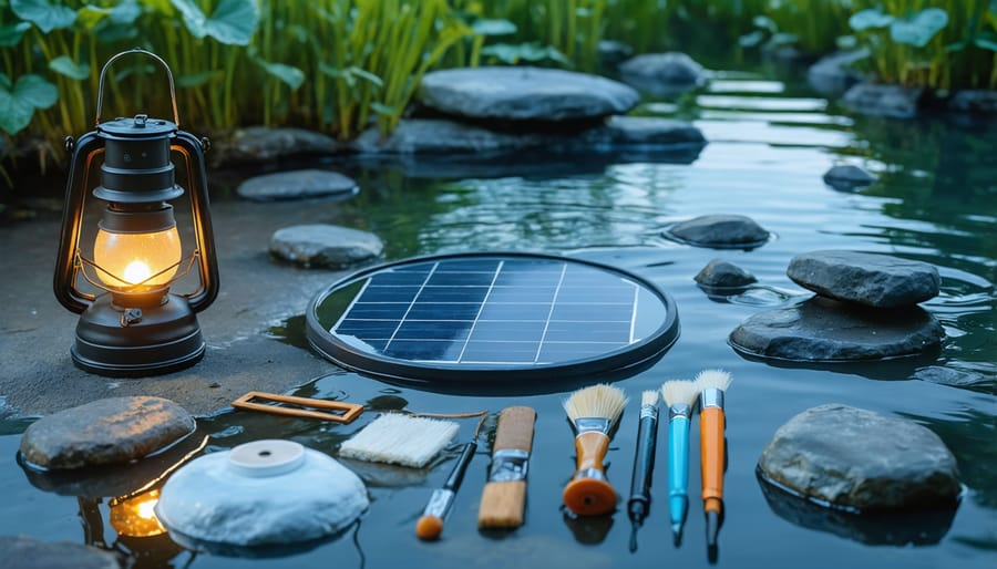 Components of a DIY solar pond light including solar panel, LED lights, and waterproof housing