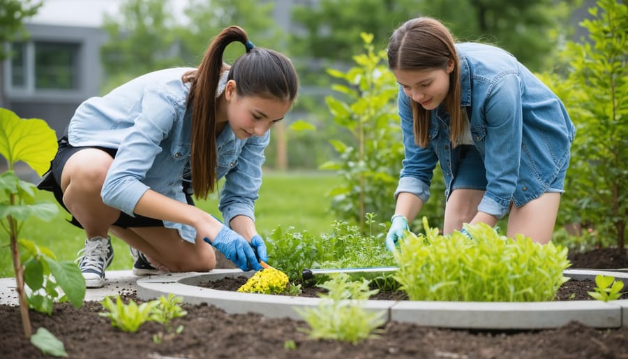 Group of diverse students conducting hands-on learning activities in a school rain garden