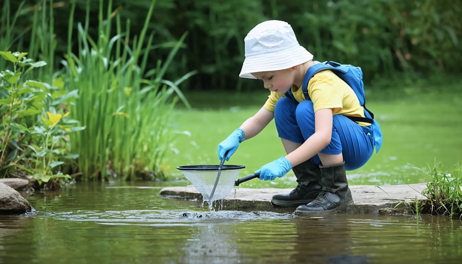 Supervised preschooler using a pond dipping net to collect water samples