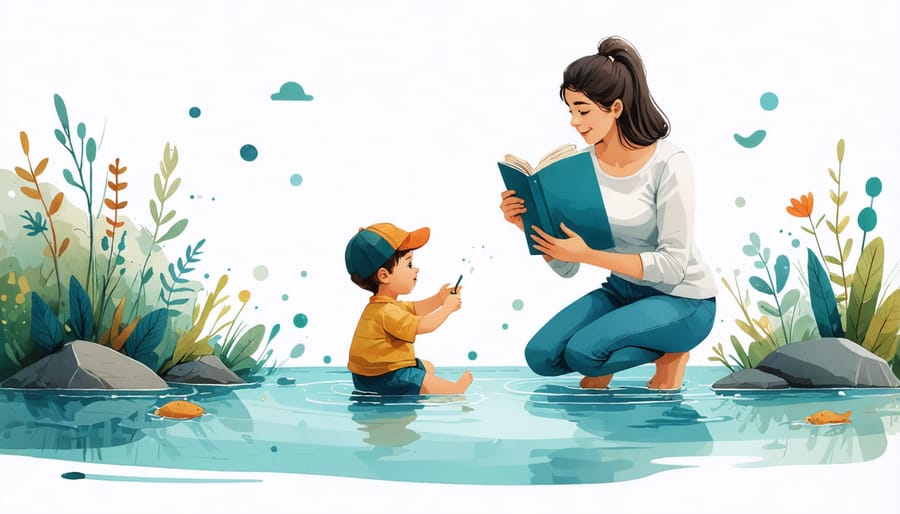 Adult showing young child pond safety rules using illustrated safety chart