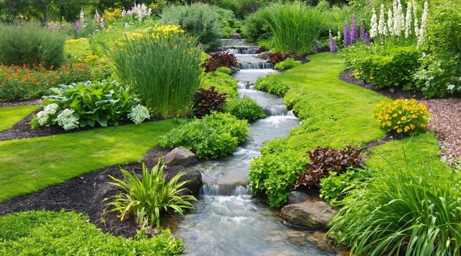 Aerial view of a vibrant bioswale garden with layers of green grasses and colorful flowering plants, demonstrating effective water filtration and ecological balance.