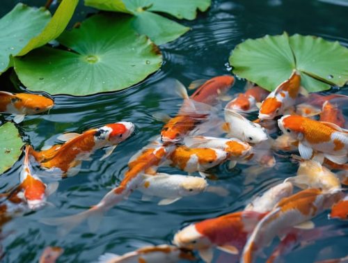 A beautiful pond with colorful koi fish swimming around lily pads and aquatic plants. A water thermometer is partially submerged, surrounded by clear water with hints of water testing kits in the background, illustrating pond health management principles.