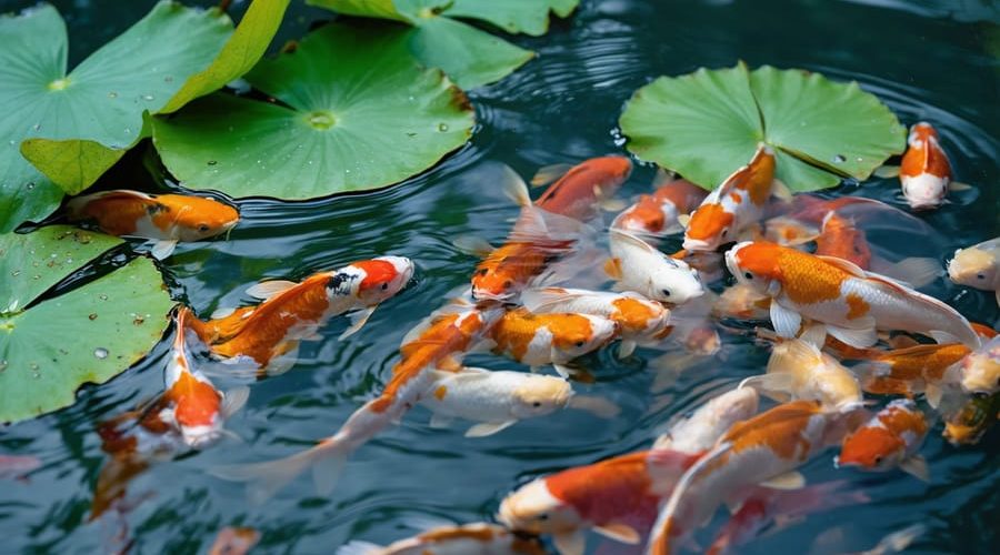 A beautiful pond with colorful koi fish swimming around lily pads and aquatic plants. A water thermometer is partially submerged, surrounded by clear water with hints of water testing kits in the background, illustrating pond health management principles.