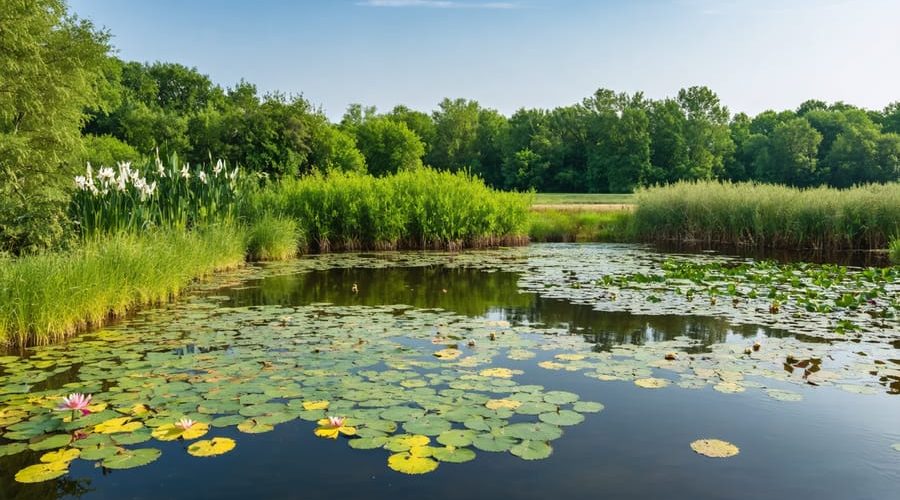 A tranquil pond displaying lush plant life along the edges, including iris, cattails, and grass, with fish swimming beneath the surface and birds leisurely perched nearby.