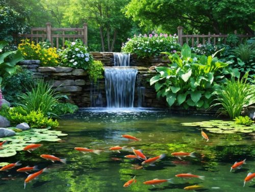 A vibrant backyard pond filled with layers of plants and fish, featuring a small waterfall and visits from local wildlife, showcasing a balanced ecosystem.