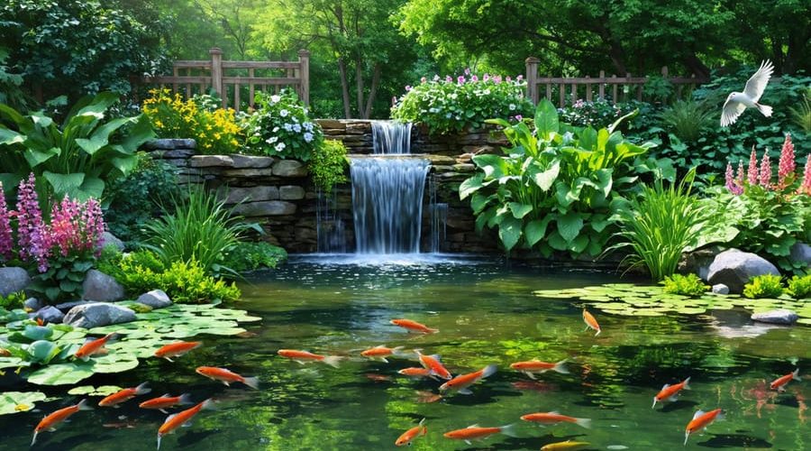 A vibrant backyard pond filled with layers of plants and fish, featuring a small waterfall and visits from local wildlife, showcasing a balanced ecosystem.