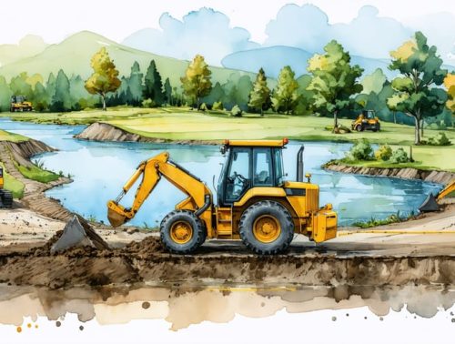 Illustration of a tractor with a backhoe digging a pond, showing marked boundaries and depth stakes as it creates a precise slope for a thriving pond ecosystem.