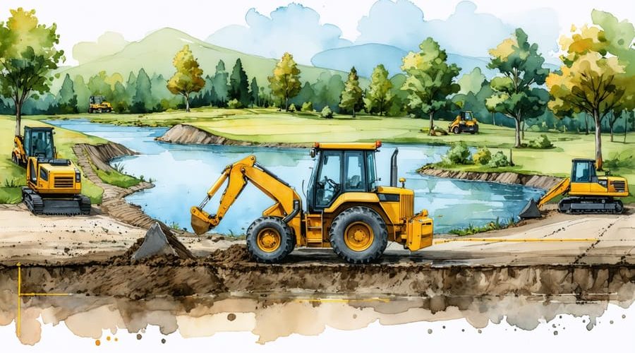 Illustration of a tractor with a backhoe digging a pond, showing marked boundaries and depth stakes as it creates a precise slope for a thriving pond ecosystem.