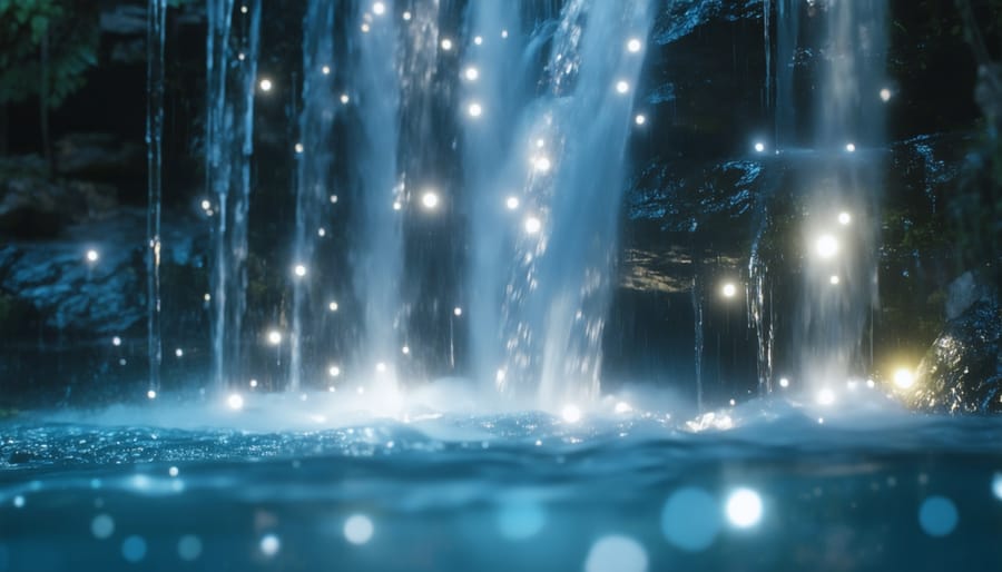 Nighttime waterfall with blue underwater lights highlighting falling water