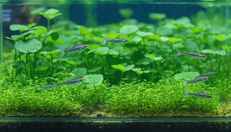 Dense underwater vegetation with small fish swimming among the plant stems