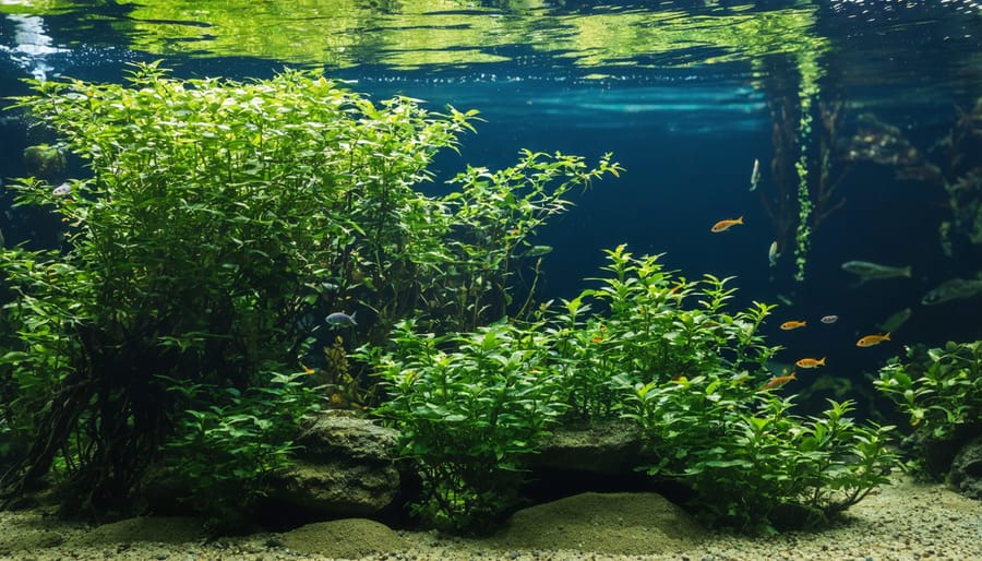 Underwater photograph showing fish swimming among aquatic plants and rock formations