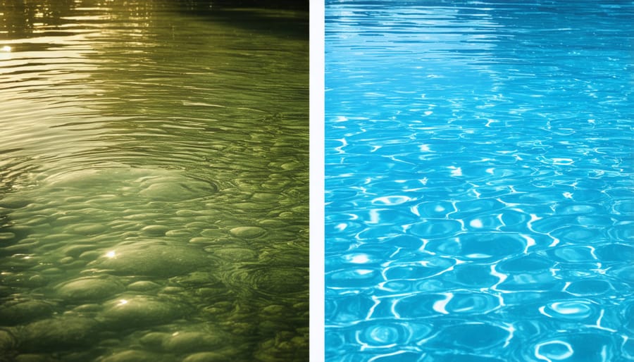 Before and after comparison of pond water clarity using UV clarification