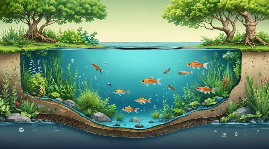 "Illustrated cross-section of a thriving zond pond showing ecological zones with diverse plants, clear water, and active fish, highlighting the pond's natural balance."