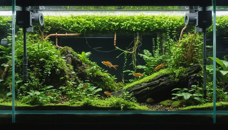 Cross-section diagram showing water pump, filter components, and plumbing setup in a vivarium