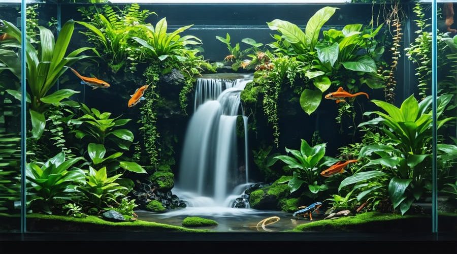 Vivarium with a cascading waterfall feature, lush tropical plants, and vibrant LED lighting, housing colorful dart frogs and salamanders.