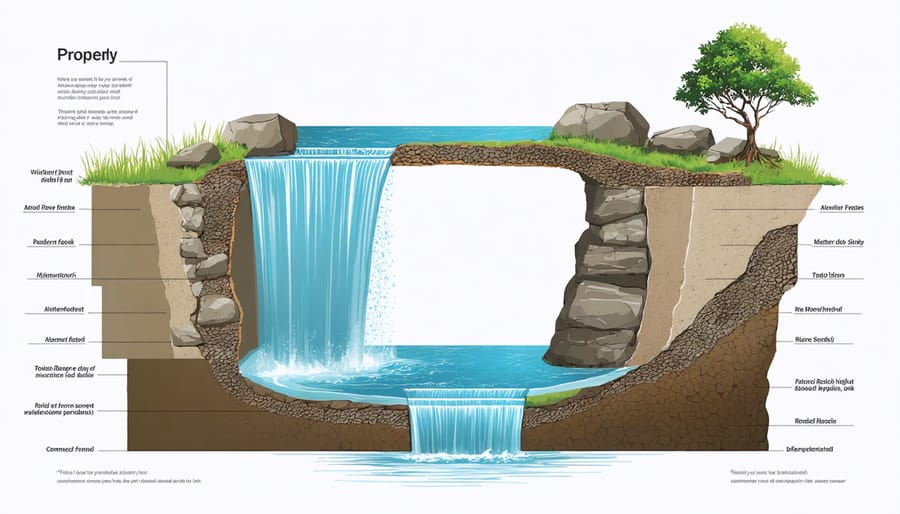 Detailed illustration of waterfall construction layers including liner, rocks, and water flow pattern