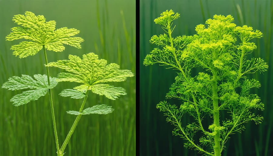 Comparison showing the distinctive features of invasive Eurasian watermilfoil next to beneficial native pond plants