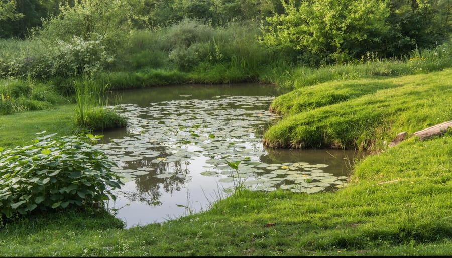 Peaceful pond edge with flowering marginal plants, gradual slopes, and visiting birds