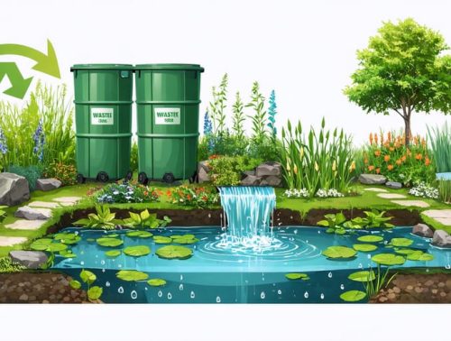 Conceptual illustration of a zero waste water garden showcasing compost bins, rain barrels, and a pond with aquatic plants, symbolizing a sustainable and self-sustaining ecosystem.