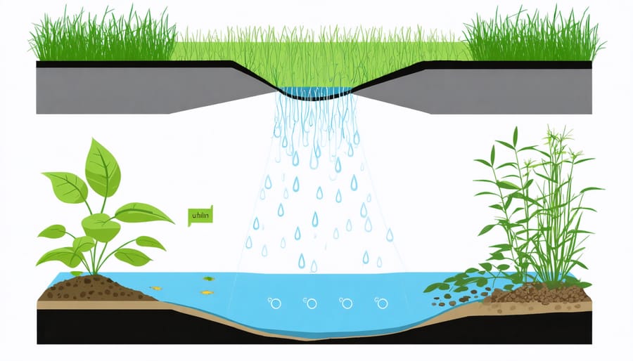 Illustrated cross-section of a zond pond system showing multiple depth zones and vegetation layers