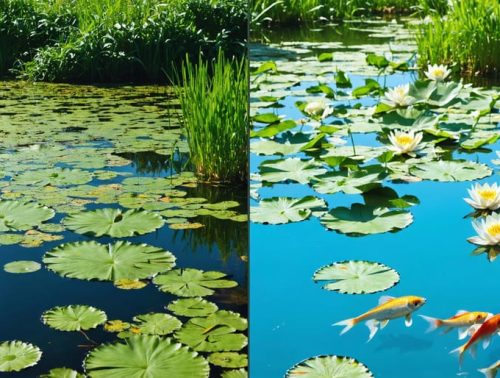 Comparison between traditional and adaptive pond management strategies. The traditional side shows a pond with overgrowth and algae, while the adaptive side features a healthy, clear pond with lively fish and water plants, highlighted with digital monitoring tools.