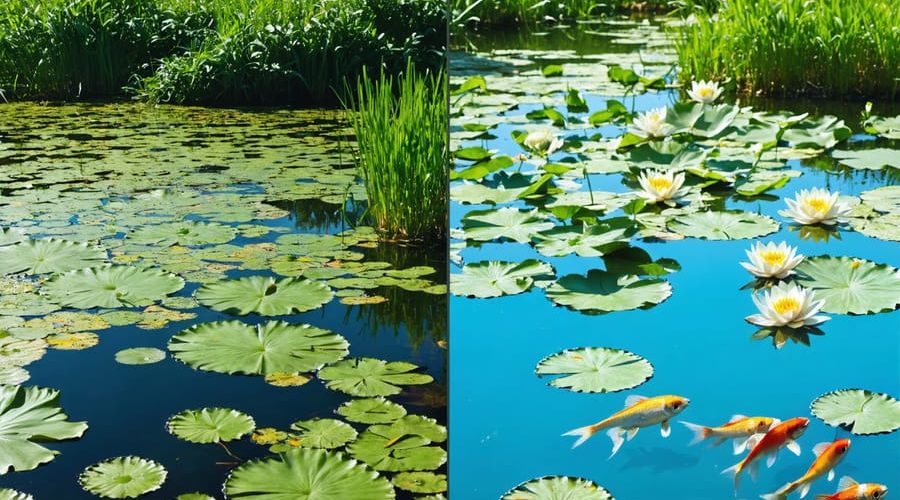 Comparison between traditional and adaptive pond management strategies. The traditional side shows a pond with overgrowth and algae, while the adaptive side features a healthy, clear pond with lively fish and water plants, highlighted with digital monitoring tools.