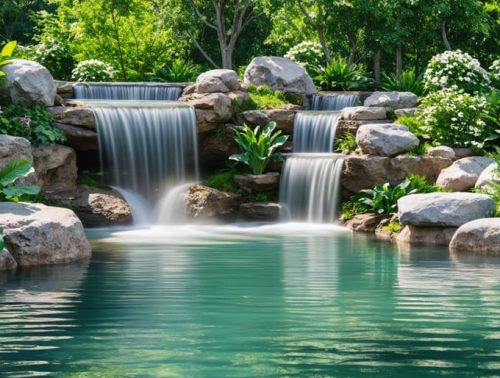 A beautifully designed garden pond with cascading waterfalls and lush greenery, featuring artistic elements and subtle water reflections creating a serene atmosphere.