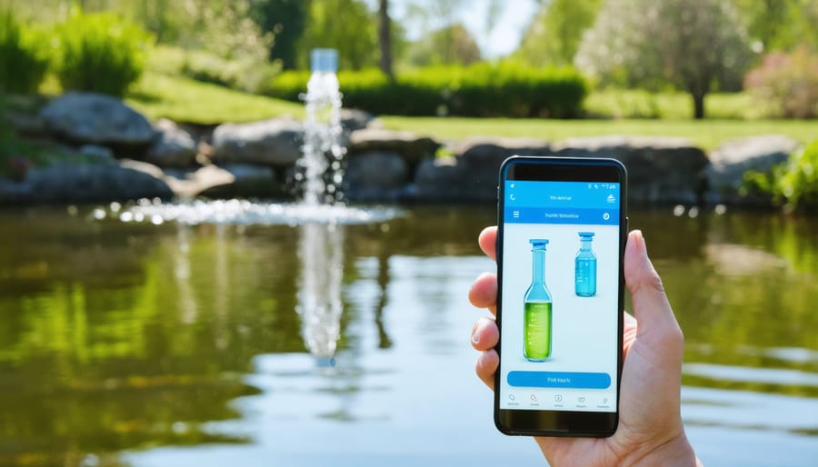 Smart device displaying pH control app next to automated pond treatment system