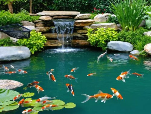 A serene and well-maintained backyard pond with clear water and colorful fish, surrounded by lush greenery and floating plants, with a net and a filtration system integrated into the landscape.