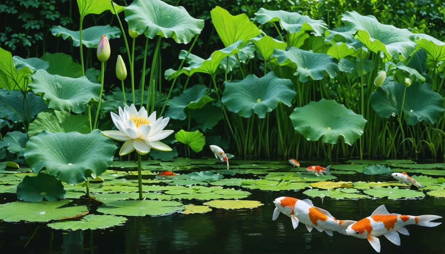 Healthy pond ecosystem with various hardy plants and colorful koi fish