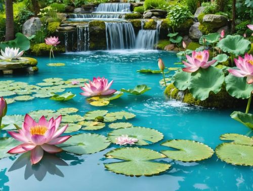 Gardeners collaborating around a beautiful water garden oasis featuring colorful aquatic plants and artistic water features, embodying the spirit of a community gardening challenge.