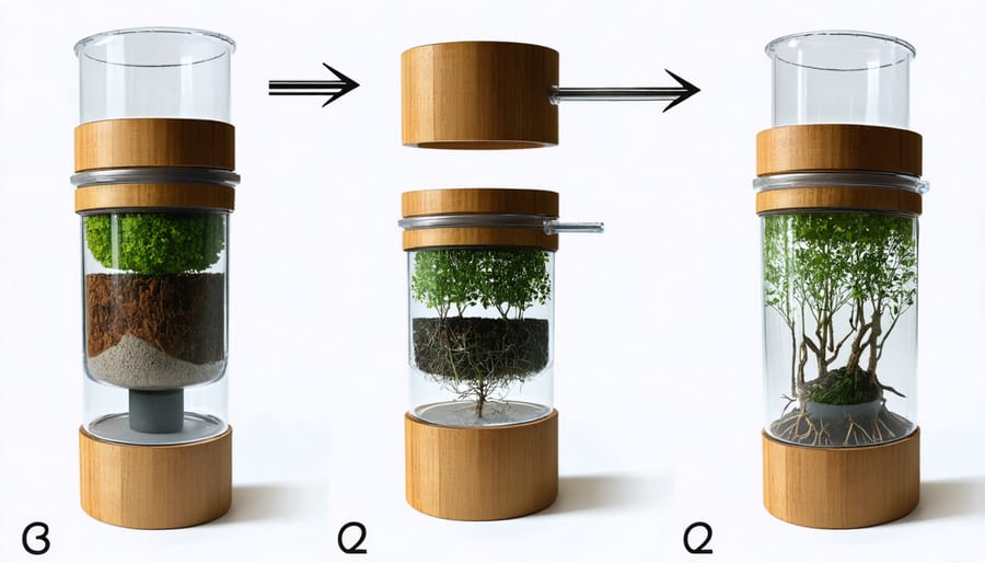 Sequential images demonstrating eco-friendly filter construction process