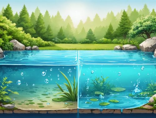 Conceptual illustration of a pond split into two sections, contrasting hard water effects with eco-friendly softened water, showing mineral deposits on one side and vibrant aquatic life on the other.